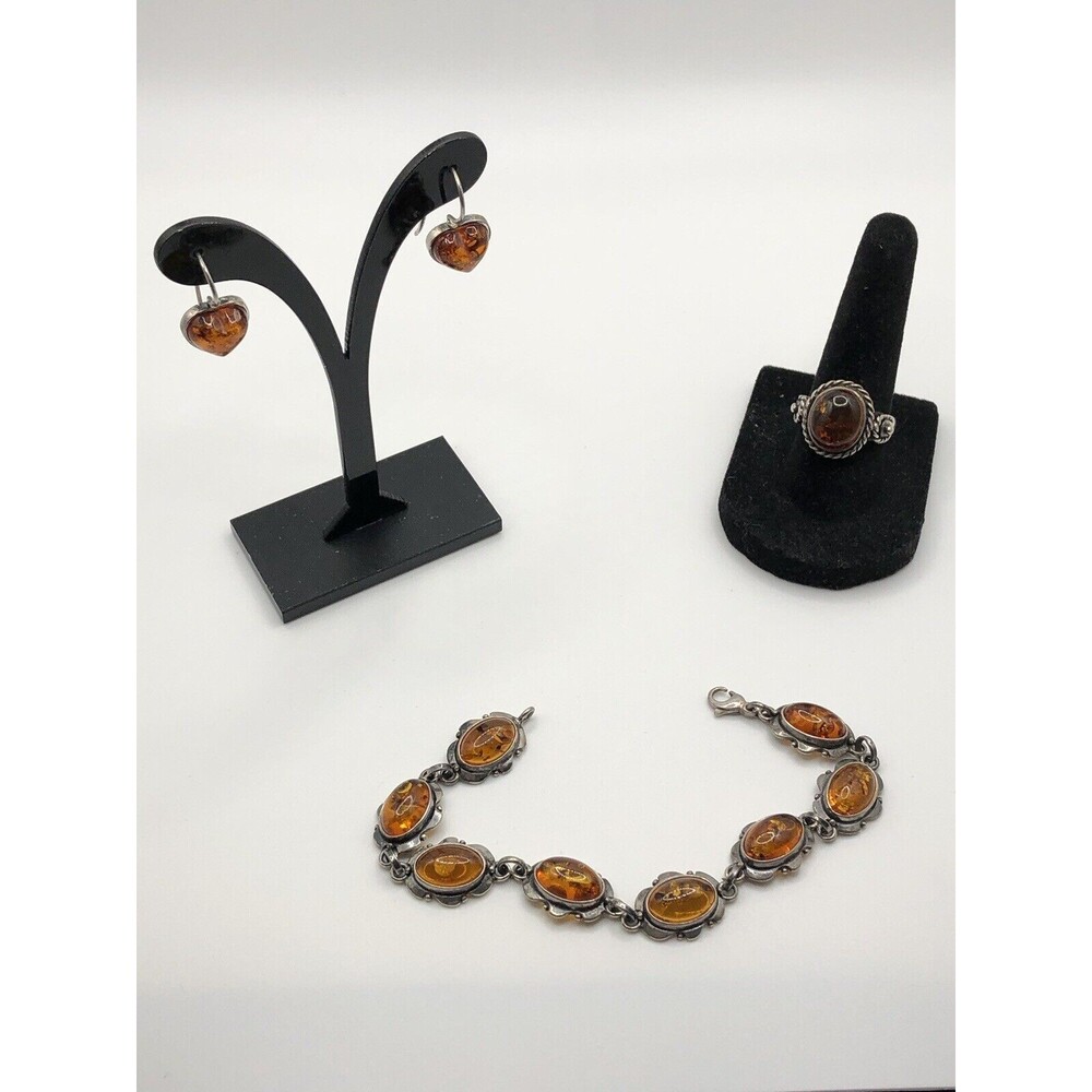 Vtg Sterling Silver 925 Baltic Amber Jewelry Set Ring Earrings Bracelet